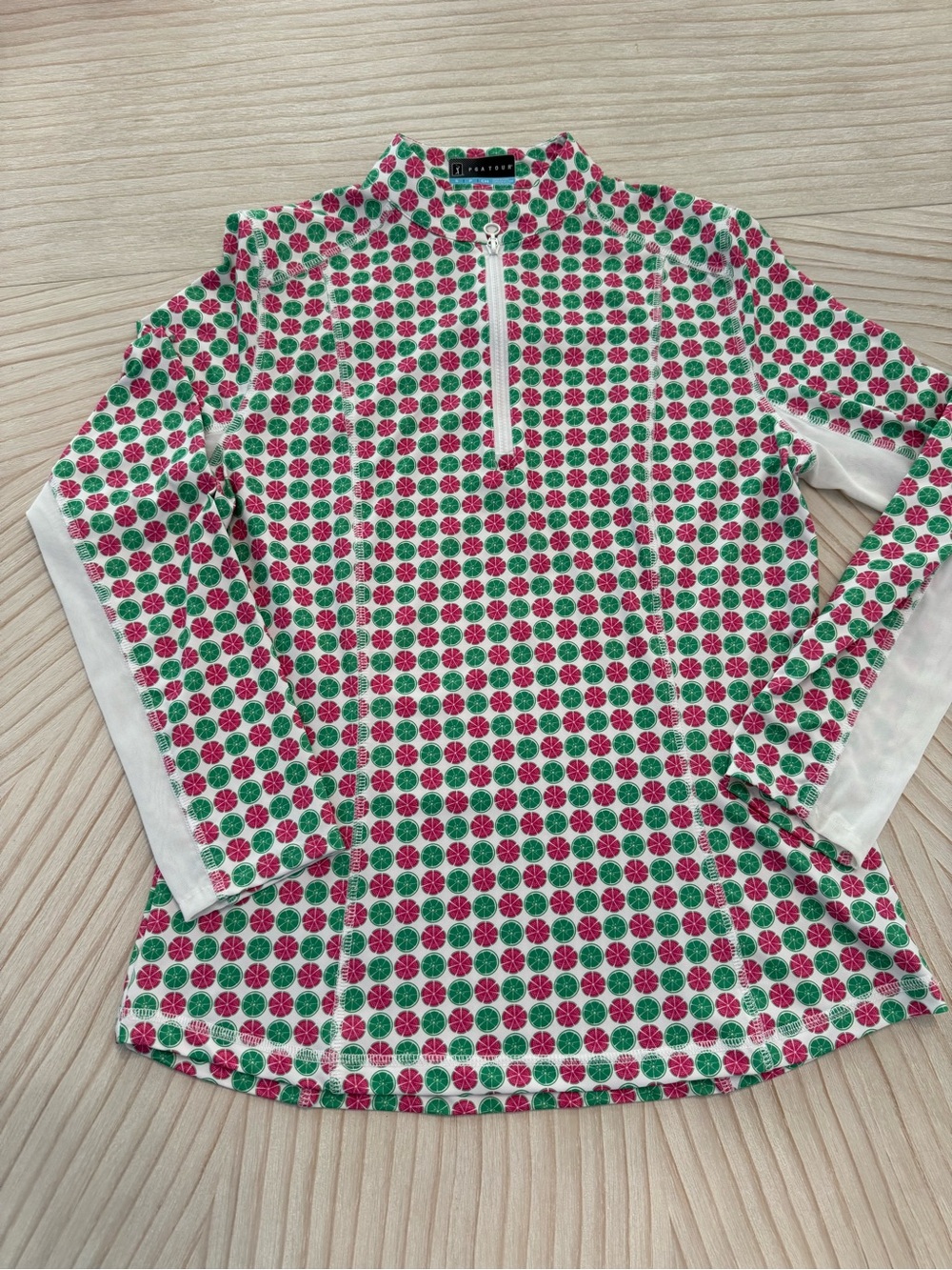 Half-Zip Floral Print Athletic Top - Pink & Green